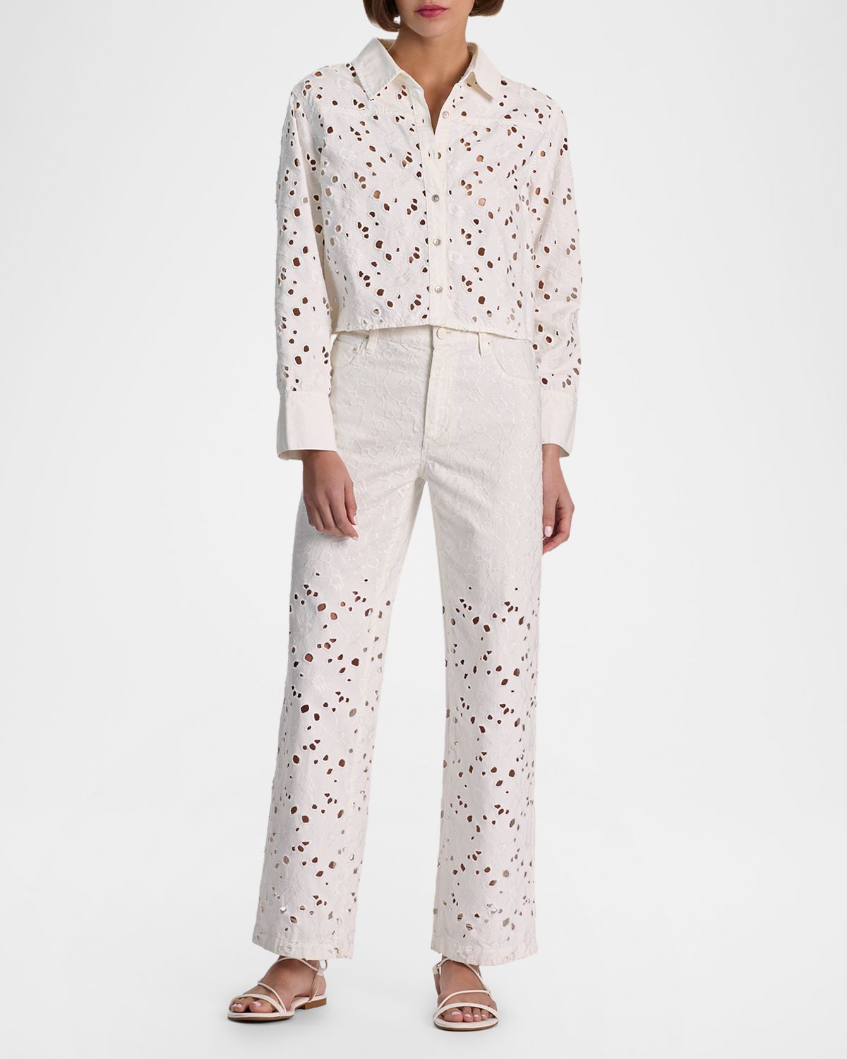 ALICE + OLIVIA Finely Laser-Cut Denim Cropped Shirt