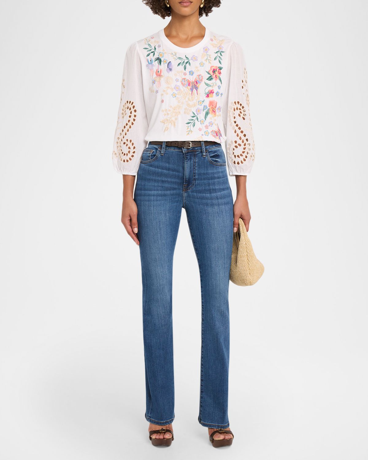 Johnny Was Mixed-Media Embroidered 3/4-Sleeve Top