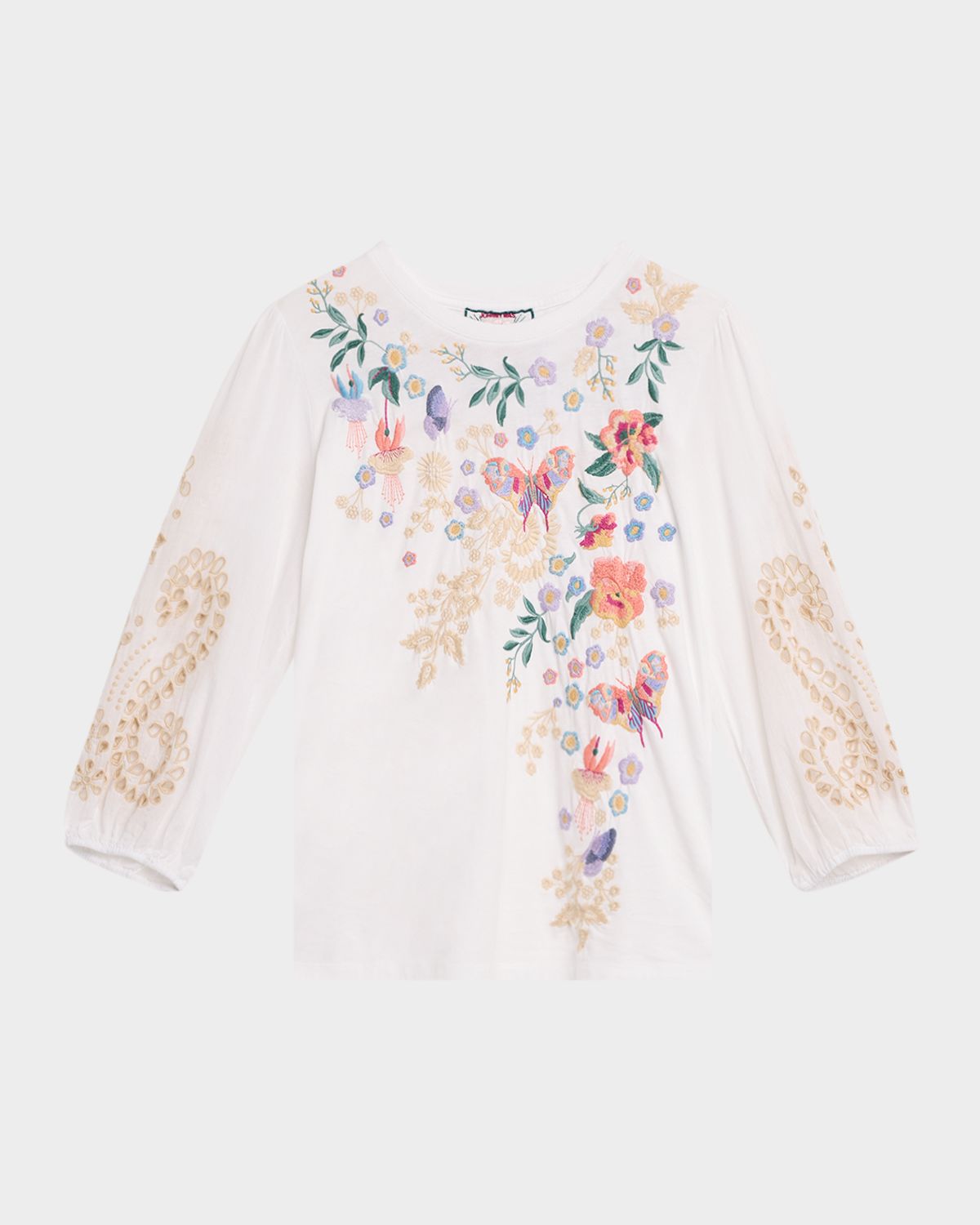 Johnny Was Mixed-Media Embroidered 3/4-Sleeve Top