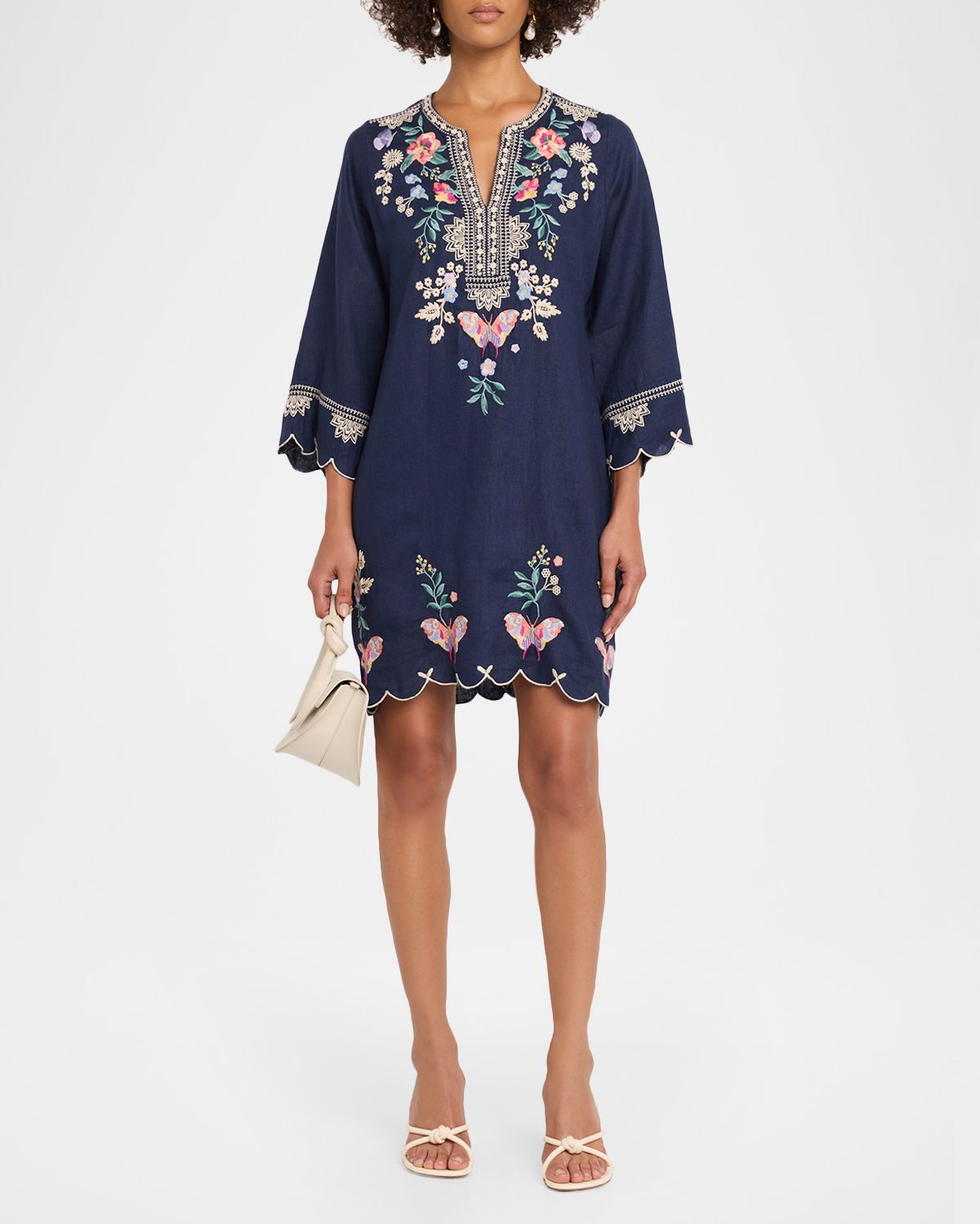 Johnny Was Floral-Embroidered Linen Mini Dress