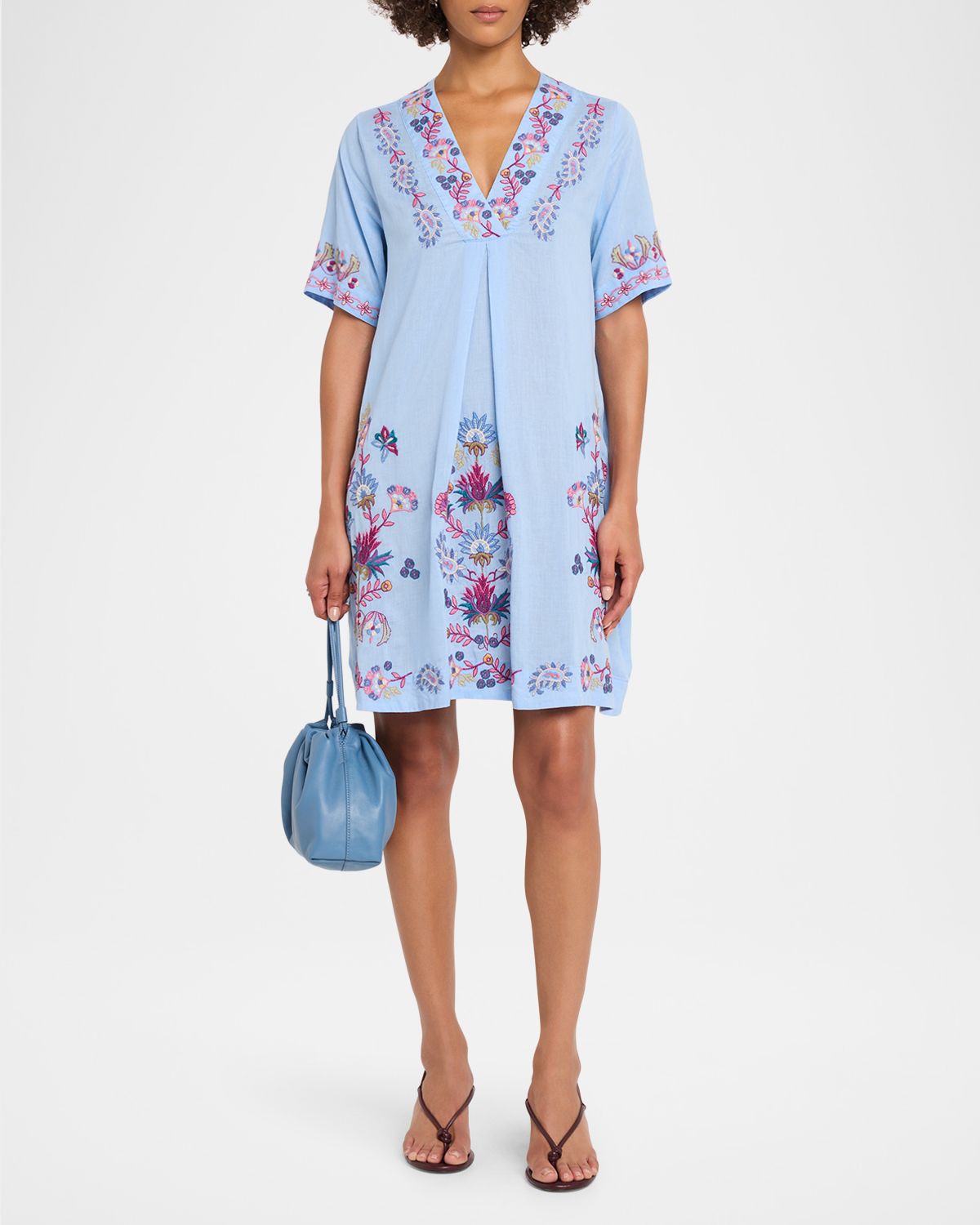 Johnny Was Pleated Floral-Embroidered Mini Shift Dress