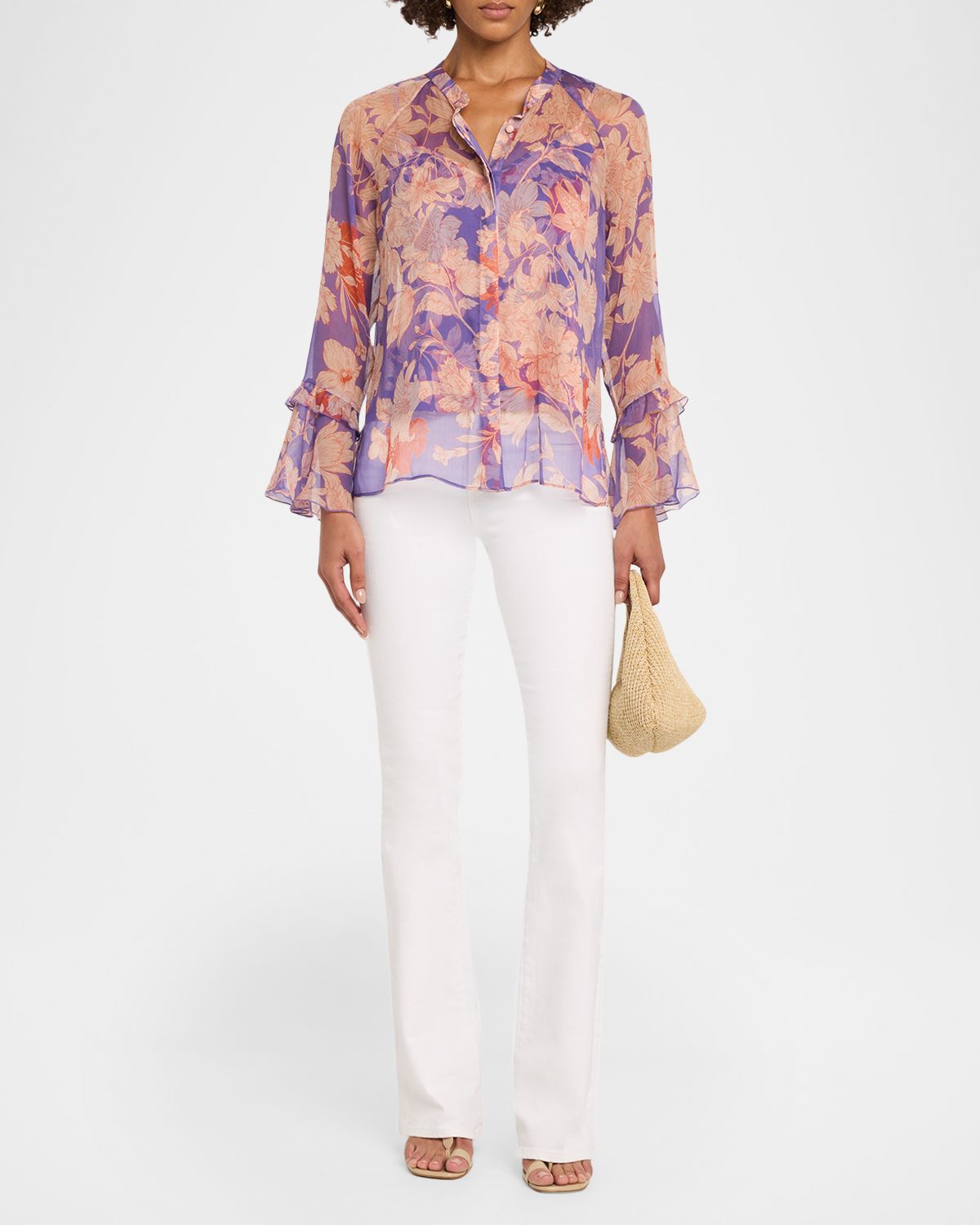 Johnny Was Emerie Floral Silk Ruffle-Sleeve Blouse