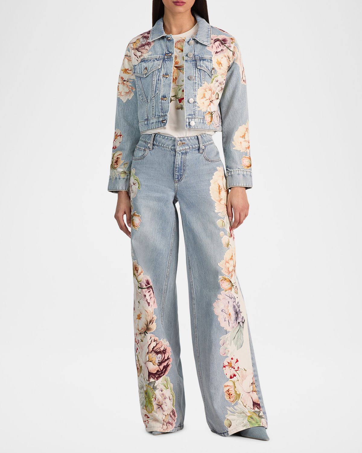 ALICE + OLIVIA Chloe Floral Embroidered Cropped Denim Jacket