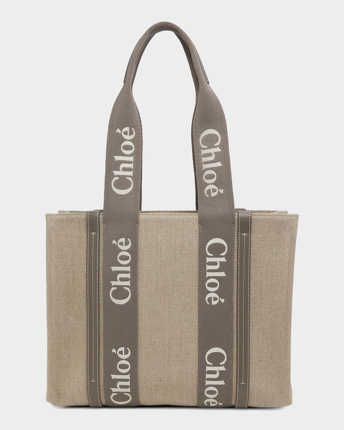 Chloe Woody Logo-Strap Linen Tote Bag