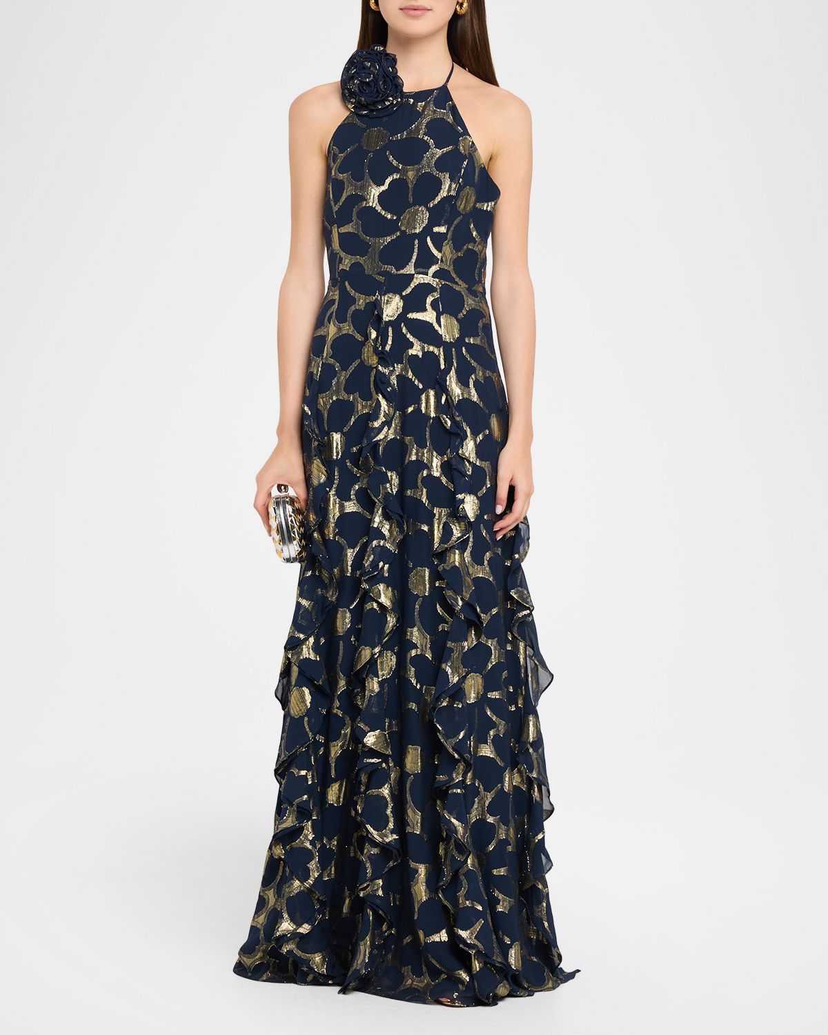 Ramy Brook Idella Ruffle-Trim Metallic Floral Halter Gown