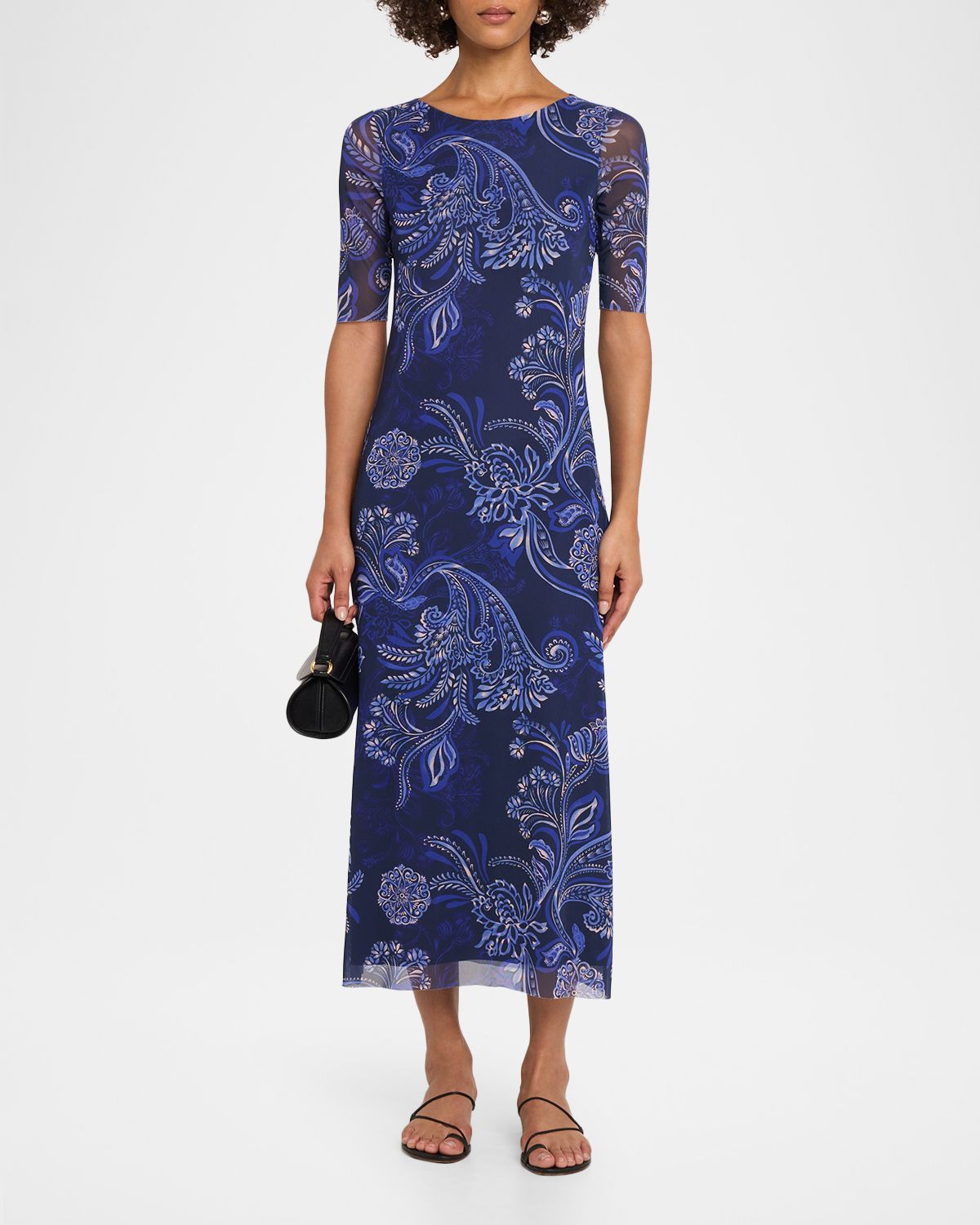 Johnny Was Astrid Floral Mesh Elbow-Sleeve Midi Dress