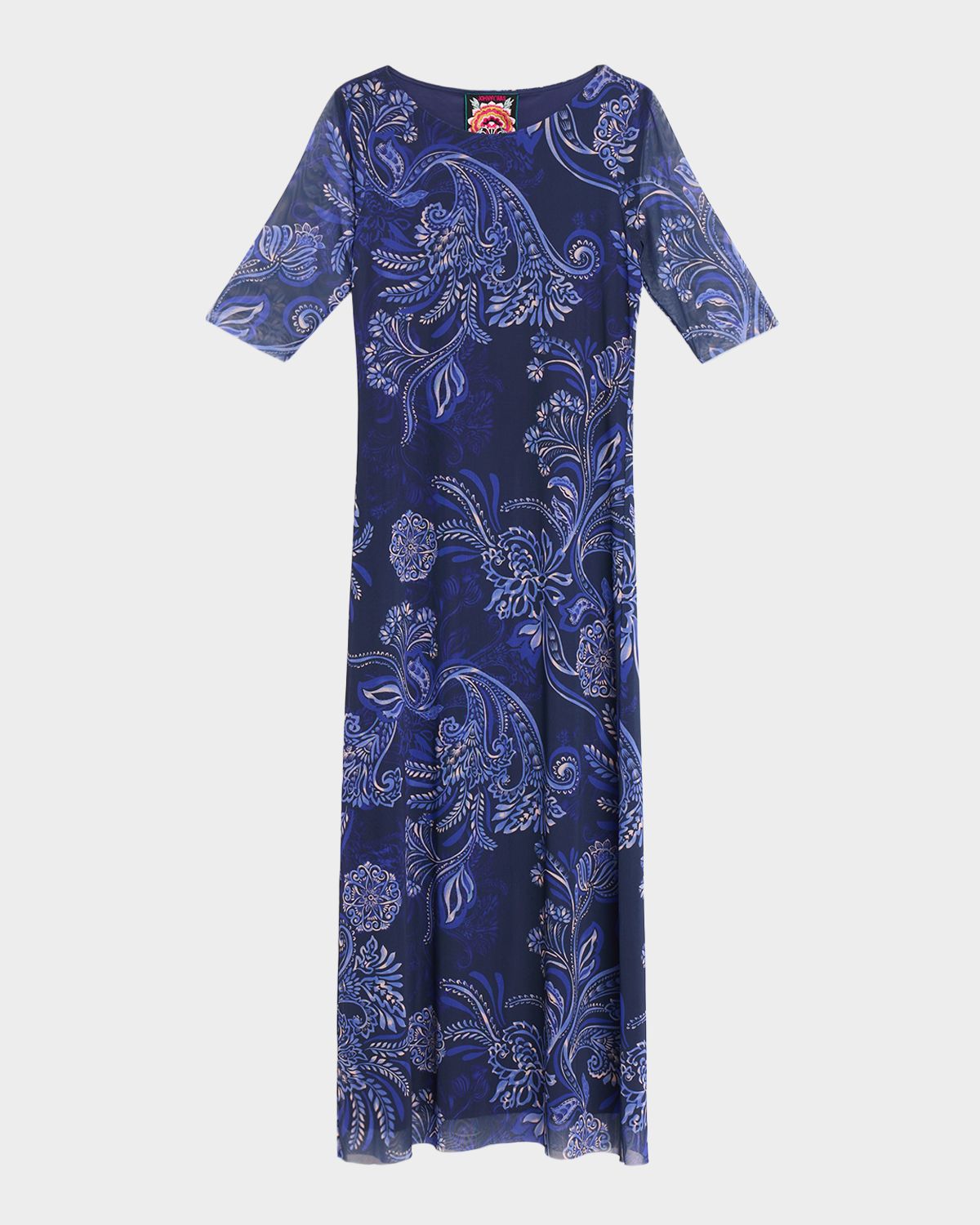 Johnny Was Astrid Floral Mesh Elbow-Sleeve Midi Dress