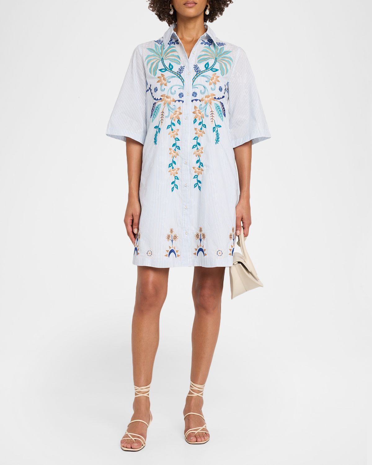 Johnny Was Kimono-Sleeve Embroidered Mini Shirtdress