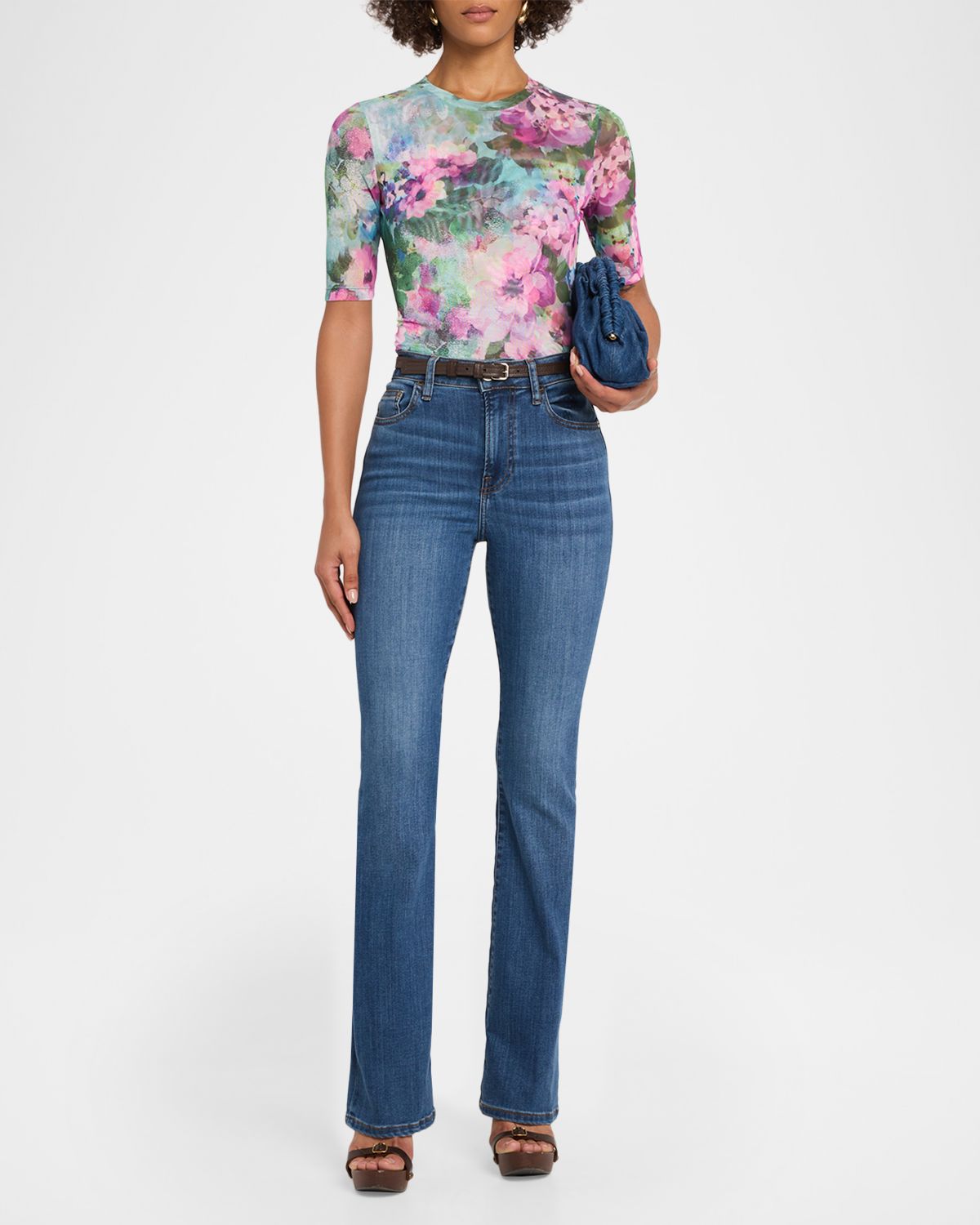 Johnny Was Elbow-Sleeve Floral Mesh Top