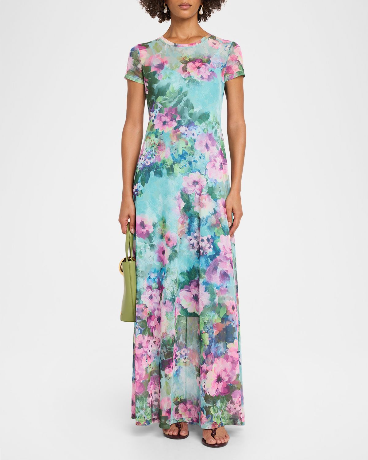 Johnny Was Short-Sleeve Floral Mesh Maxi Dress