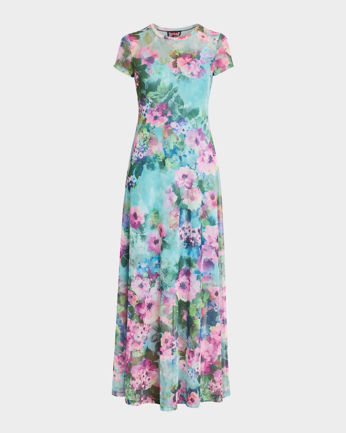 Johnny Was Short-Sleeve Floral Mesh Maxi Dress