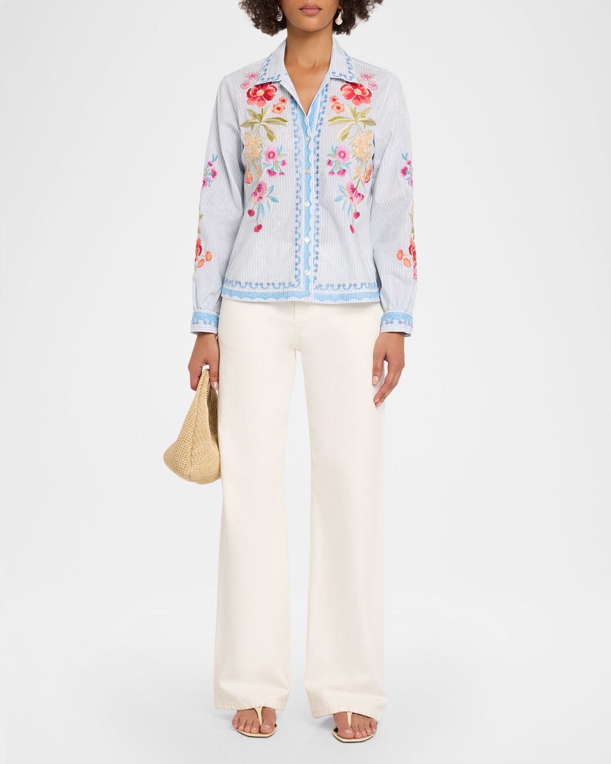 Johnny Was Floral Embroidered Open-Neck Shirt