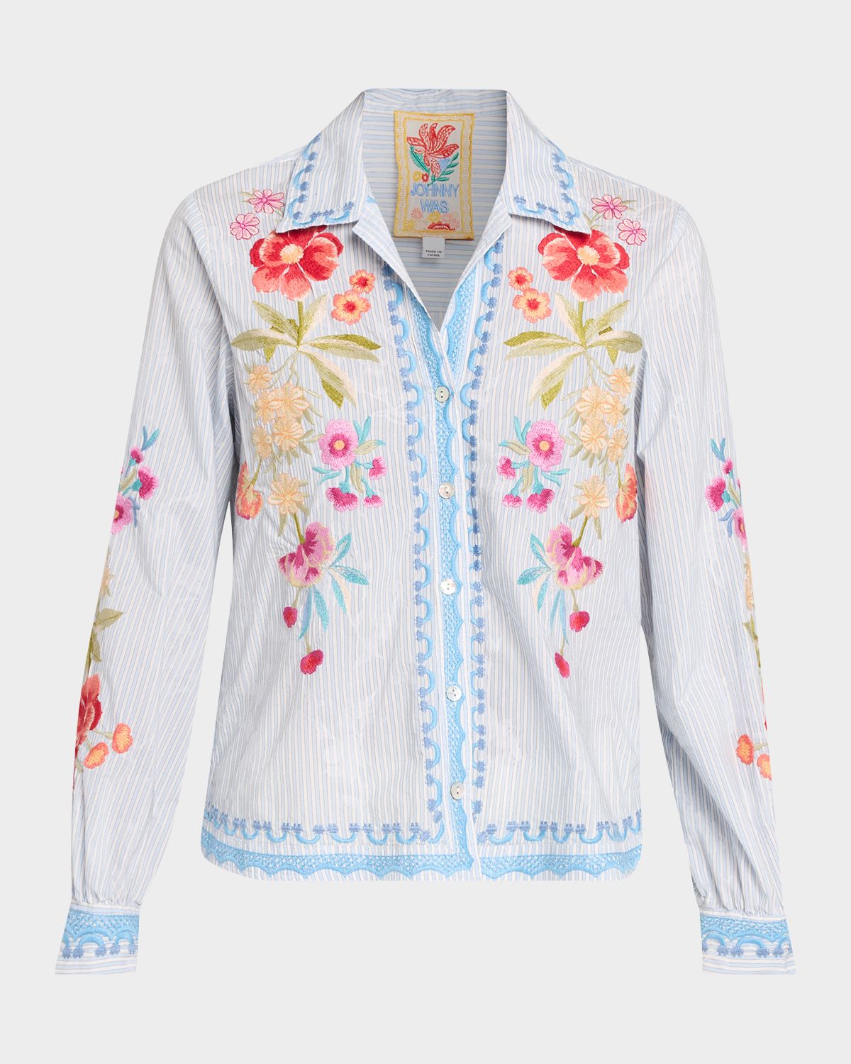 Johnny Was Floral Embroidered Open-Neck Shirt