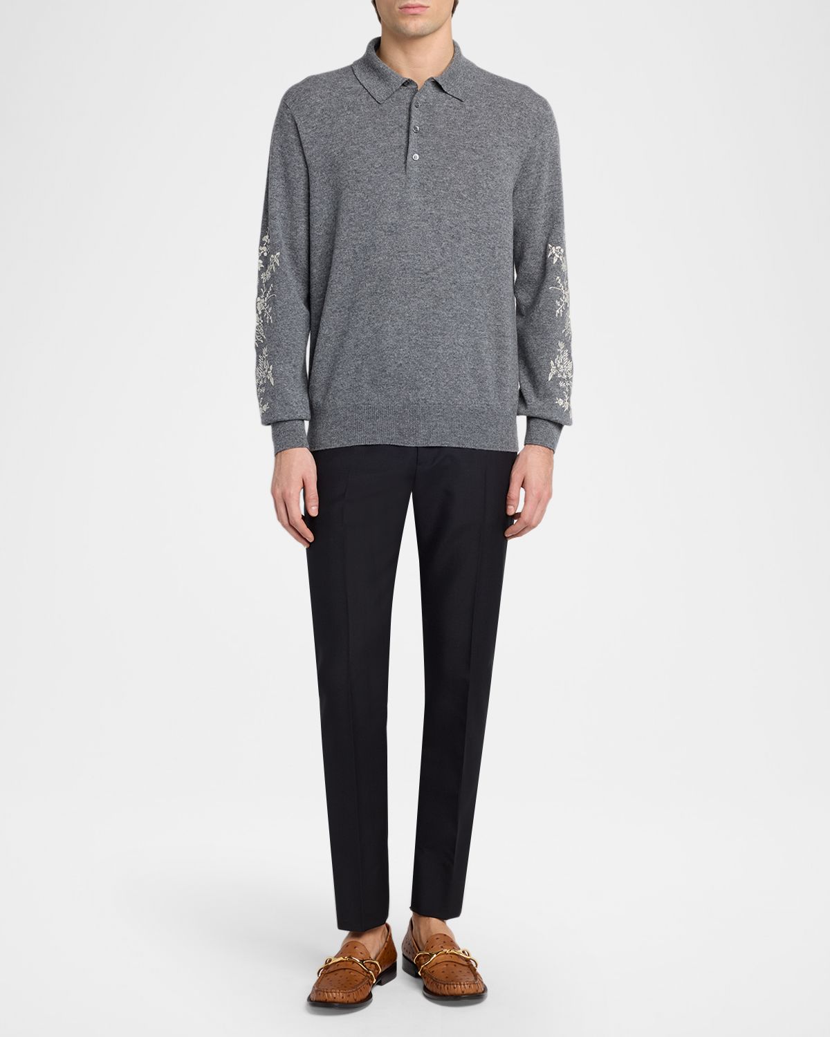 McQueen Men 's Wool Floral-Embroidered Polo Sweater