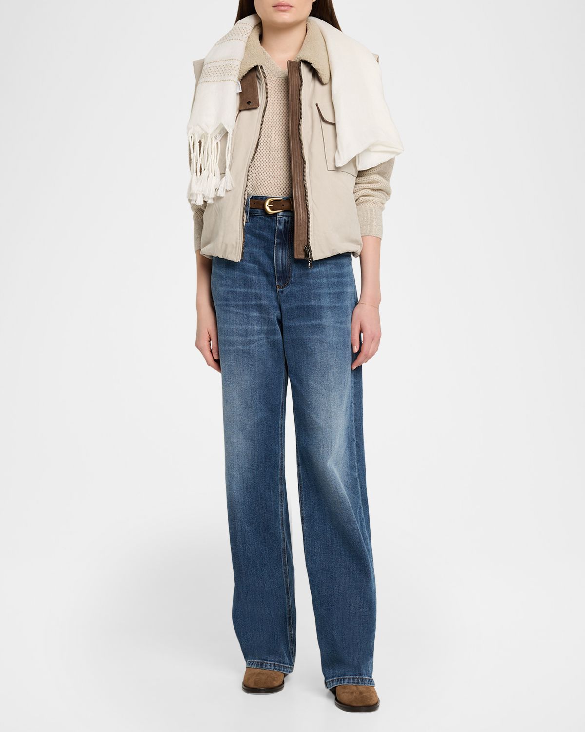 Brunello Cucinelli Embroidered Linen Fringe-Trim Scarf | Thumbnail 2