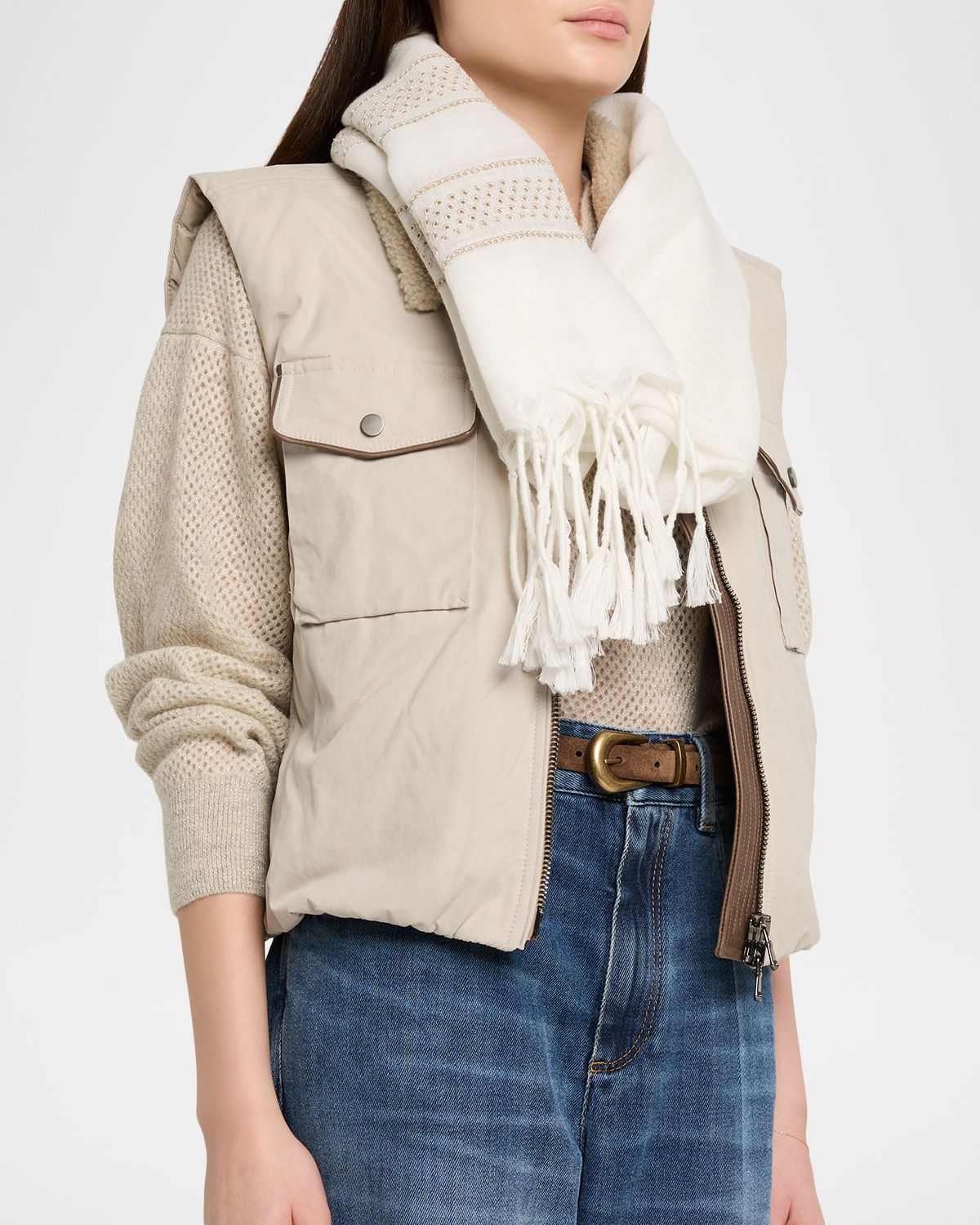 Brunello Cucinelli Embroidered Linen Fringe-Trim Scarf | Thumbnail 3