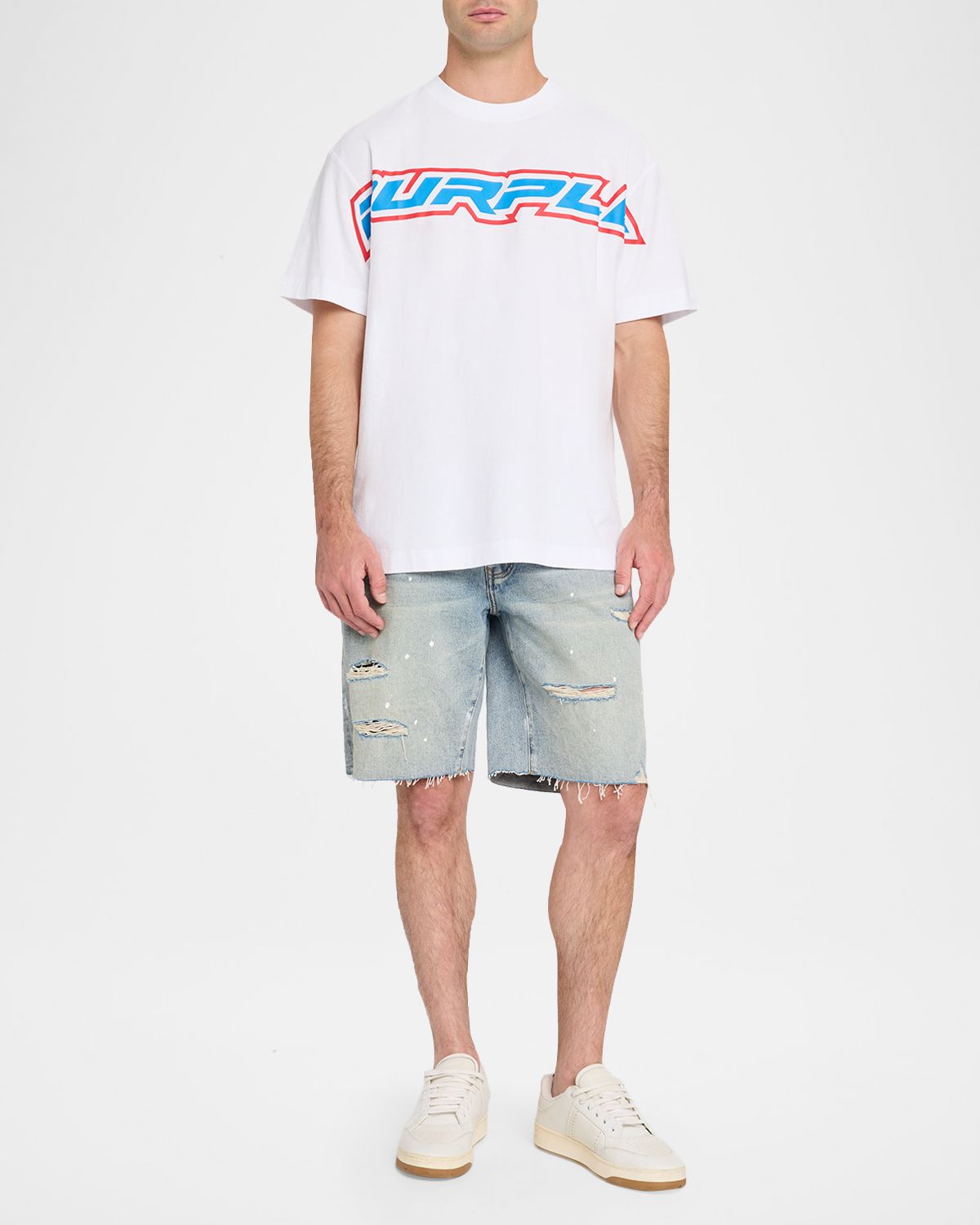 PURPLE Men 's Painterly Distressed Denim Shorts | Thumbnail 5 PURPLE Men 's Painterly Distressed Denim Shorts | Thumbnail 5