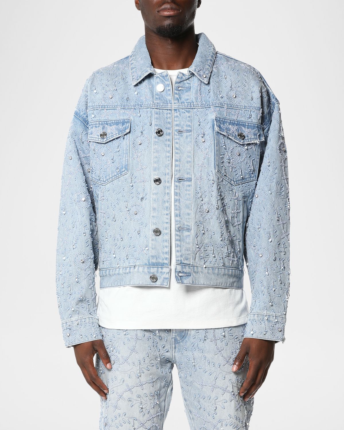 PURPLE Men 's Beaded Denim Trucker Jacket | Thumbnail 3 PURPLE Men 's Beaded Denim Trucker Jacket | Thumbnail 3