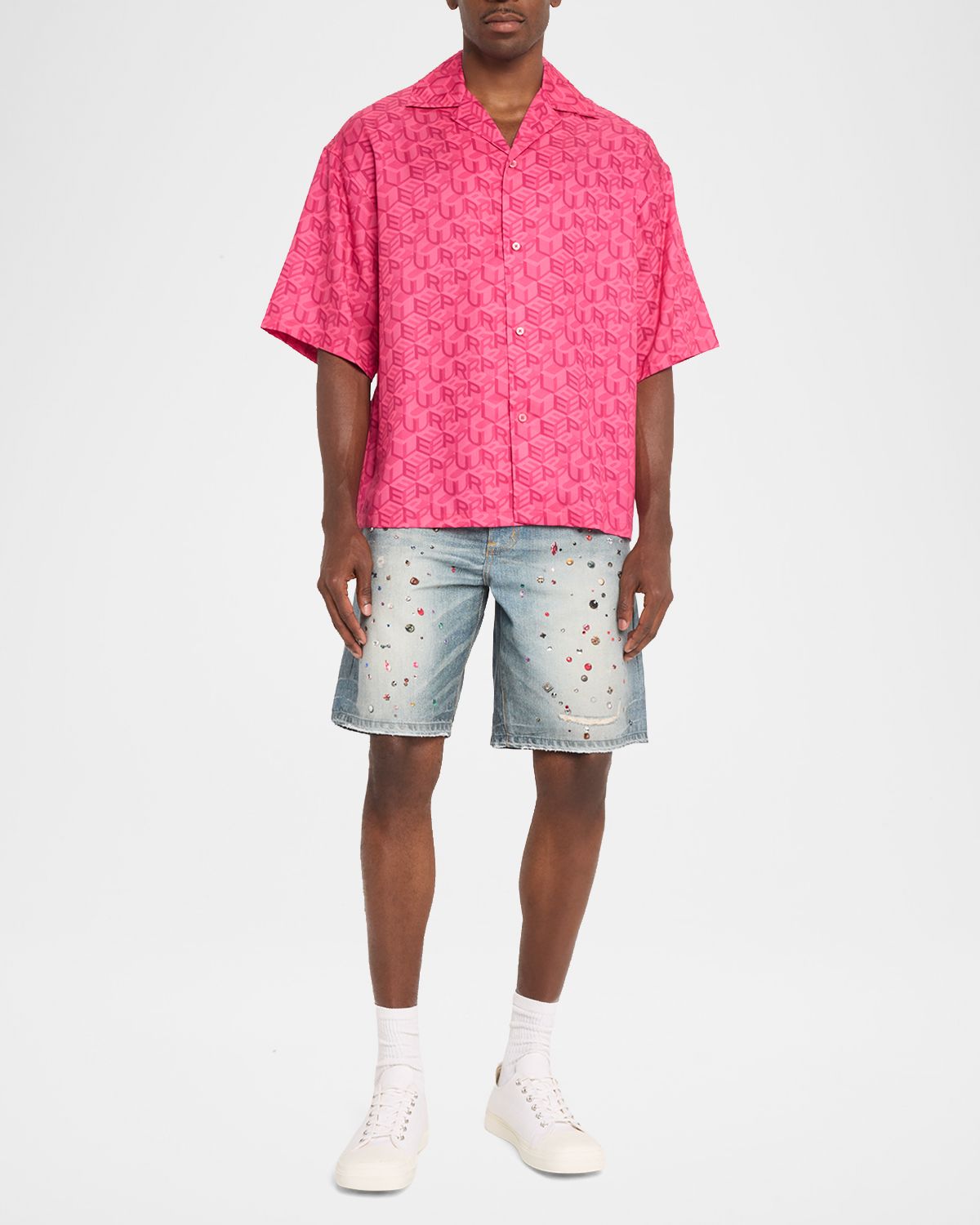 PURPLE Men 's P059 Embellished Denim Shorts | Thumbnail 5