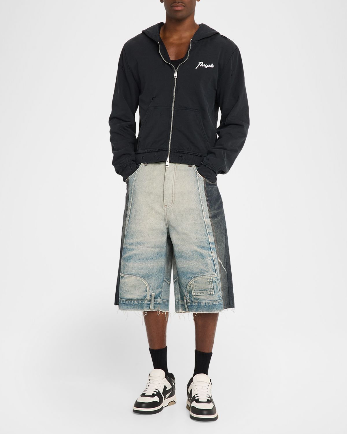 PURPLE Men 's Upside-Down Distressed Hem Denim Shorts | Thumbnail 5 PURPLE Men 's Upside-Down Distressed Hem Denim Shorts | Thumbnail 5