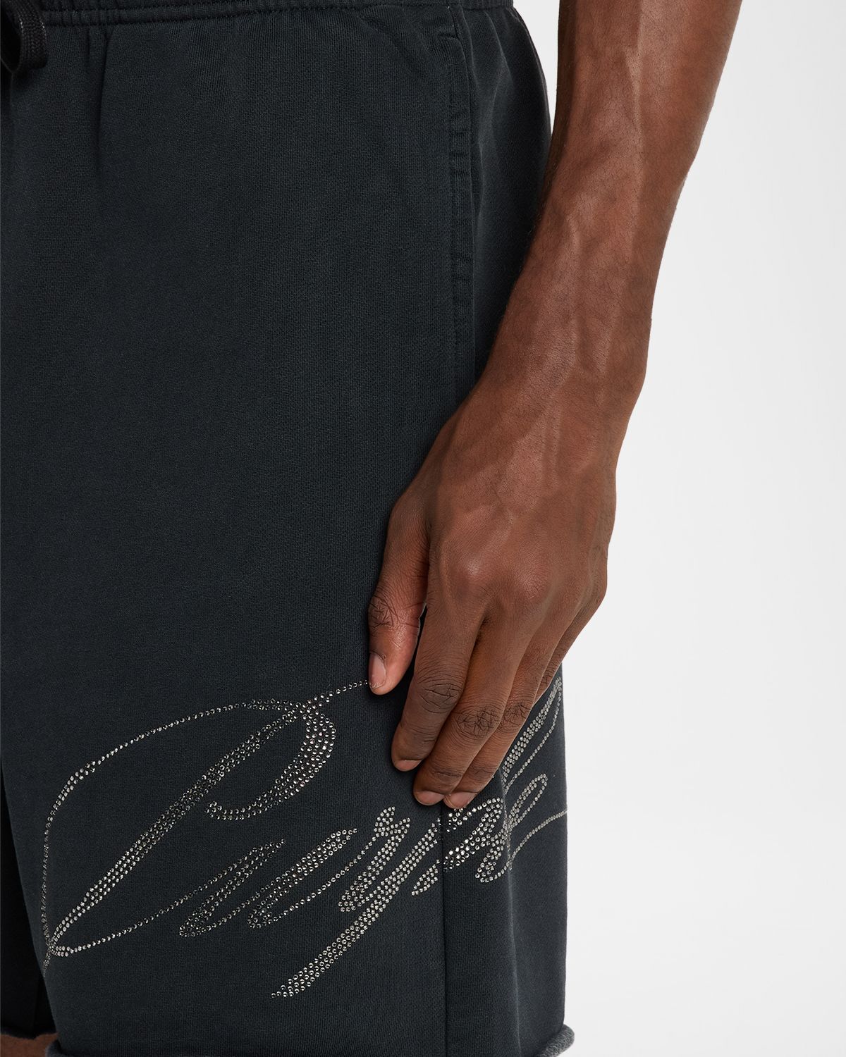 PURPLE Men 's Cotton Fleece Raw-Edge Rhinestone Logo horts | Thumbnail 5 PURPLE Men 's Cotton Fleece Raw-Edge Rhinestone Logo horts | Thumbnail 5