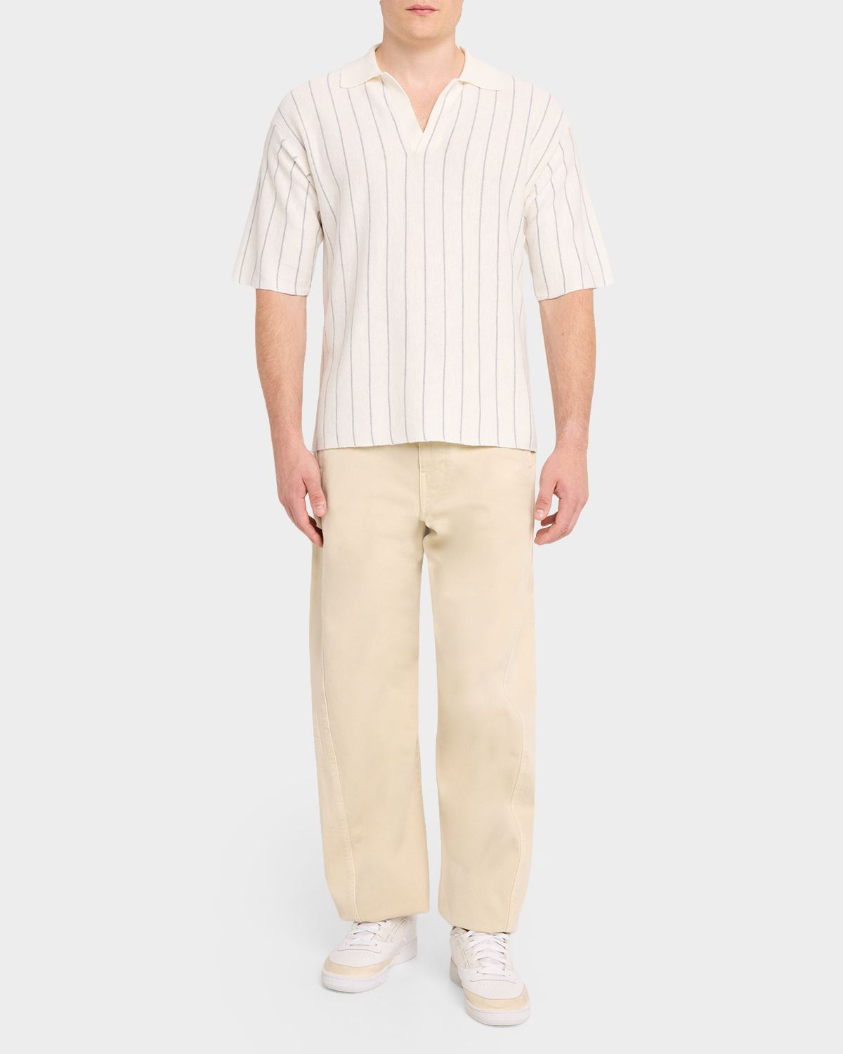 Helmut Lang Men 's Linen and Cotton Stripe Johnny Collar Polo Shirt | Thumbnail 2 Helmut Lang Men 's Linen and Cotton Stripe Johnny Collar Polo Shirt | Thumbnail 2