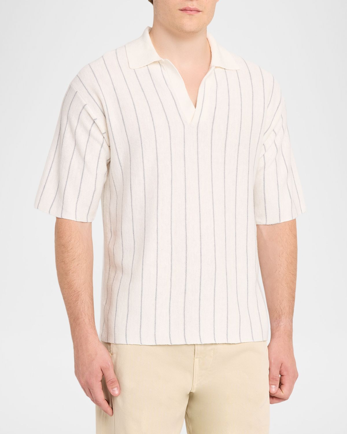 Helmut Lang Men 's Linen and Cotton Stripe Johnny Collar Polo Shirt | Thumbnail 4 Helmut Lang Men 's Linen and Cotton Stripe Johnny Collar Polo Shirt | Thumbnail 4