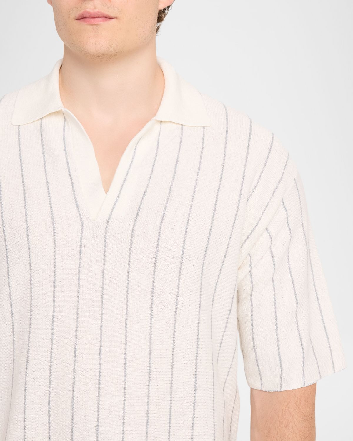 Helmut Lang Men 's Linen and Cotton Stripe Johnny Collar Polo Shirt | Thumbnail 5 Helmut Lang Men 's Linen and Cotton Stripe Johnny Collar Polo Shirt | Thumbnail 5