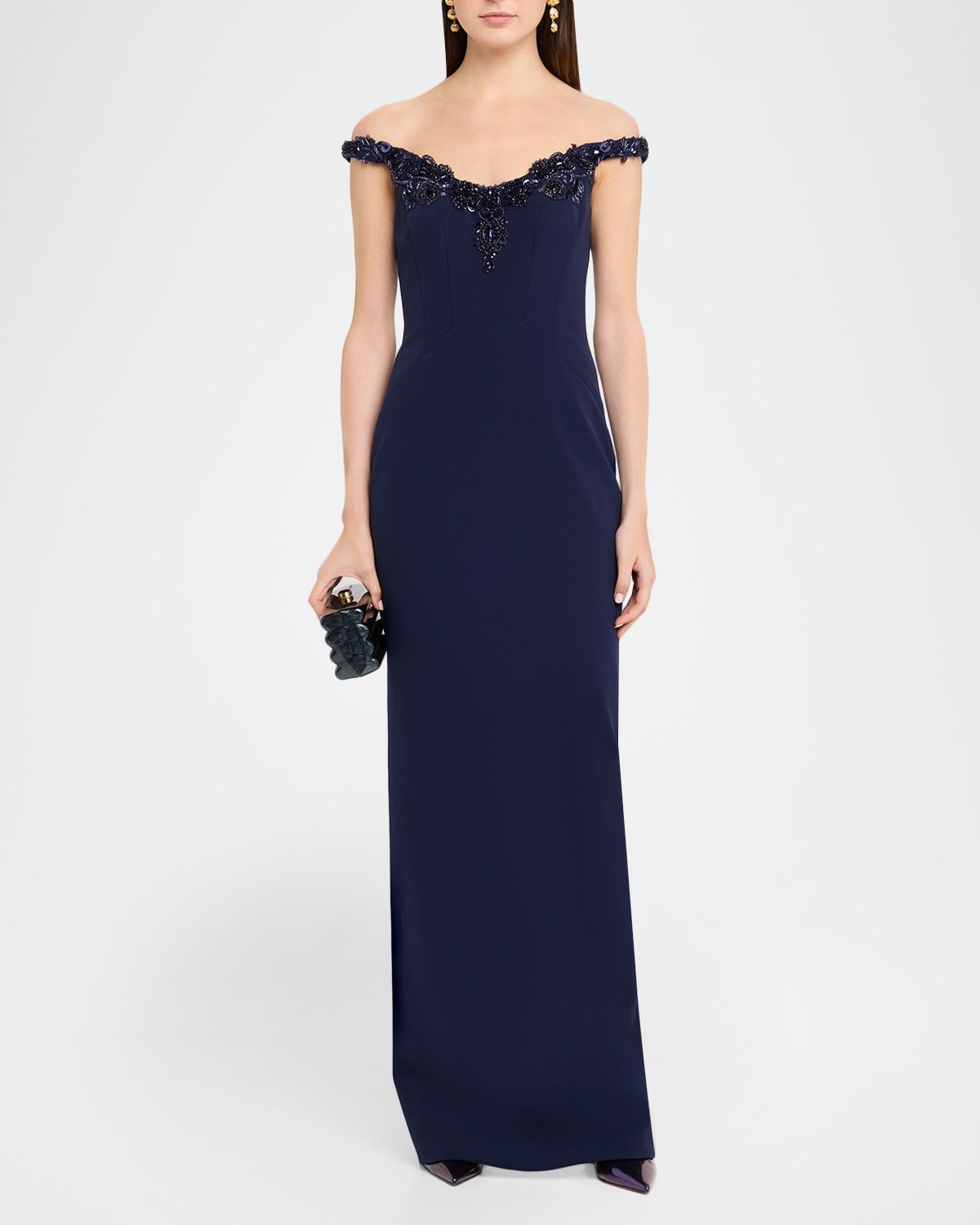 Pamella Roland Embroidered Sleeveless Crepe Column Gown
