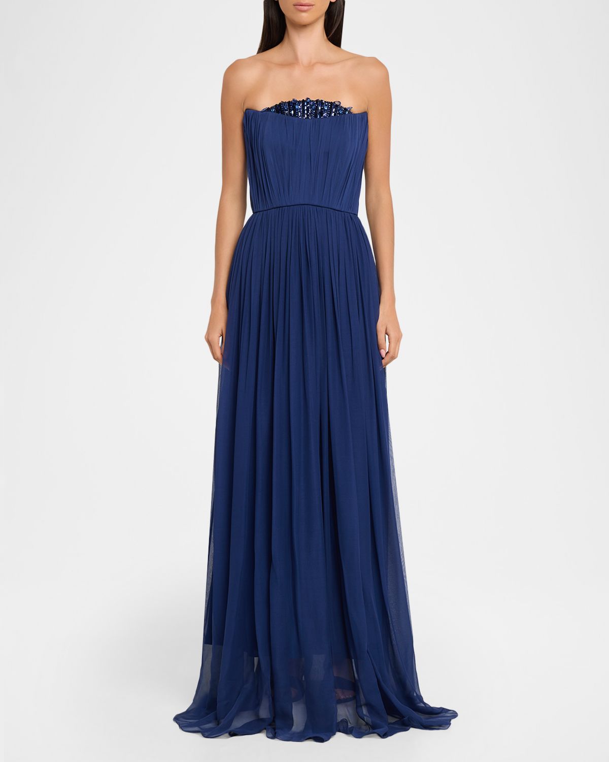 Pamella Roland Strapless Crystal Embellished Chiffon Gown