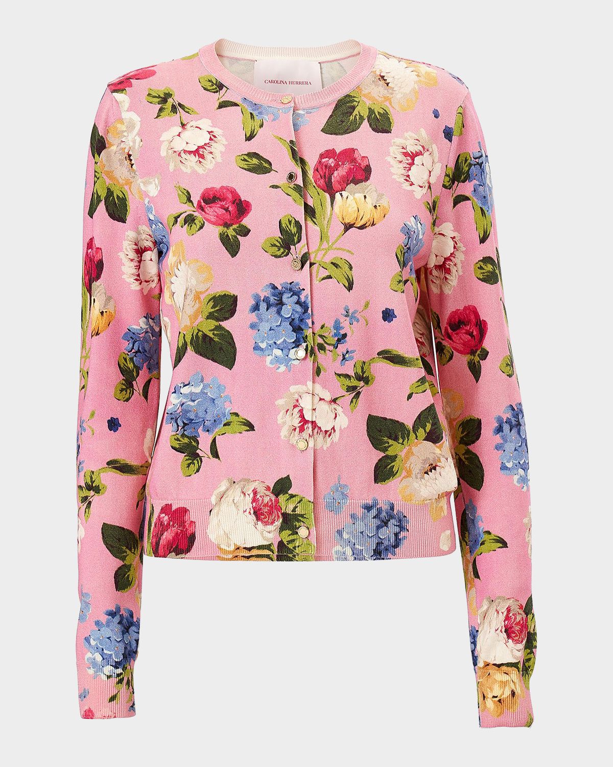 Carolina Herrera Floral Silk-Cotton Crewneck Cardigan