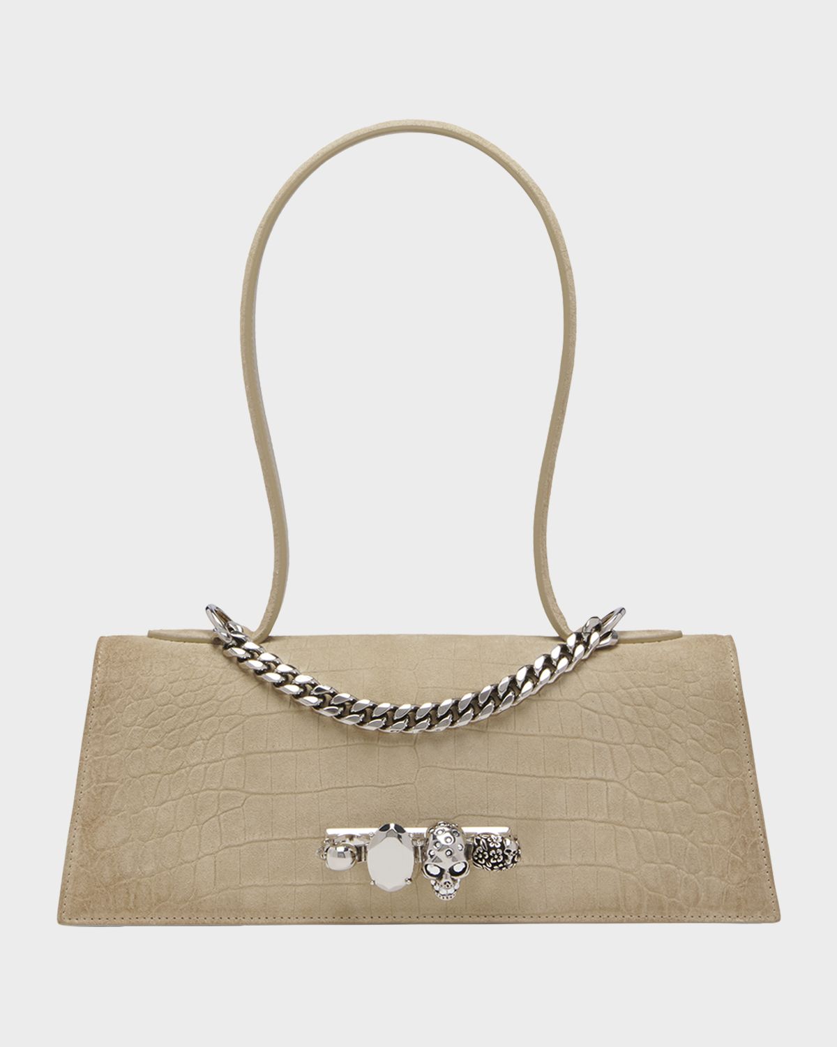 McQueen Jewelled Croc-Embossed Suede Top-Handle Bag