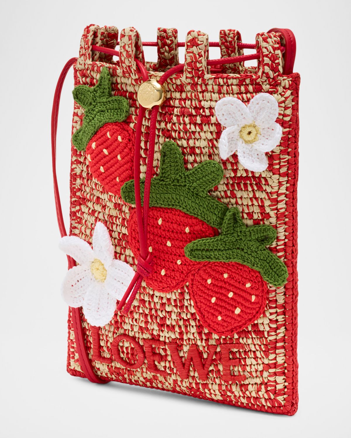 Loewe x Paula 's Ibiza Strawberry Applique Raffia Pouch Bag
