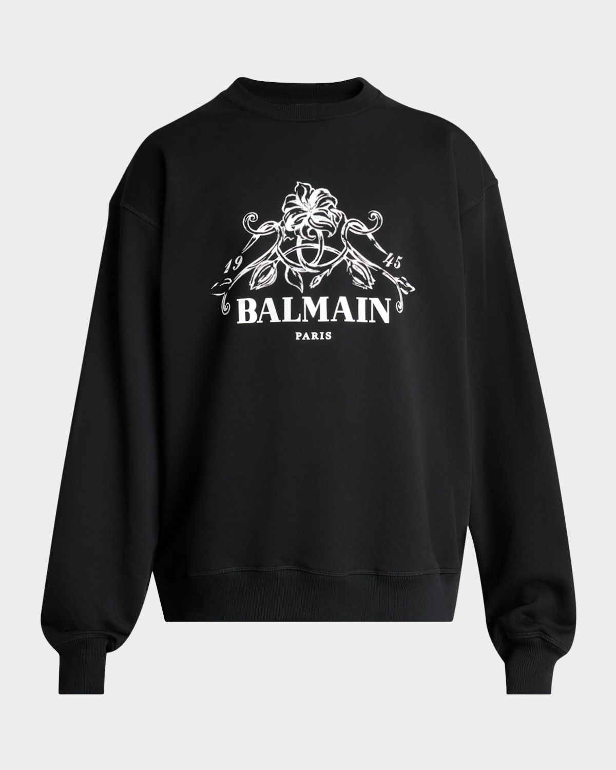 Balmain Men 's Floral Logo Crest Crewneck Sweatshirt