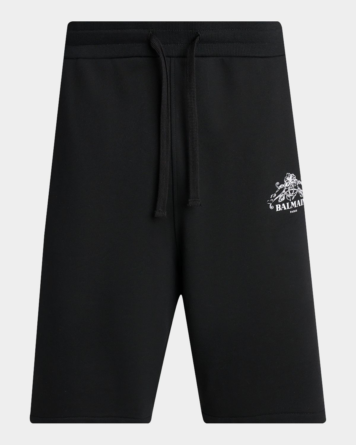 Balmain Men 's Floral Logo Crest Cotton Drawstring Sweat Shorts