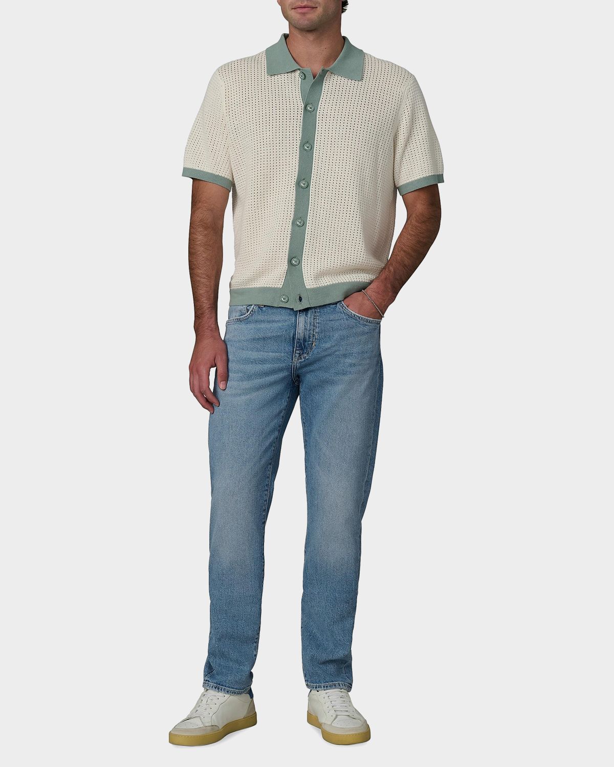 Joe 's Jeans Men 's Contrast-Trim Cotton and Linen Crochet Short-Sleeve Shirt | Thumbnail 2 Joe 's Jeans Men 's Contrast-Trim Cotton and Linen Crochet Short-Sleeve Shirt | Thumbnail 2