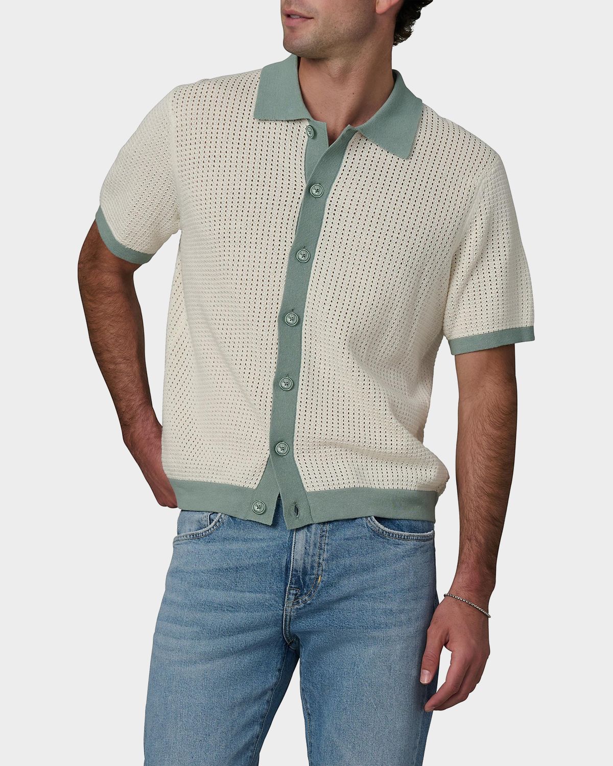 Joe 's Jeans Men 's Contrast-Trim Cotton and Linen Crochet Short-Sleeve Shirt | Thumbnail 4 Joe 's Jeans Men 's Contrast-Trim Cotton and Linen Crochet Short-Sleeve Shirt | Thumbnail 4