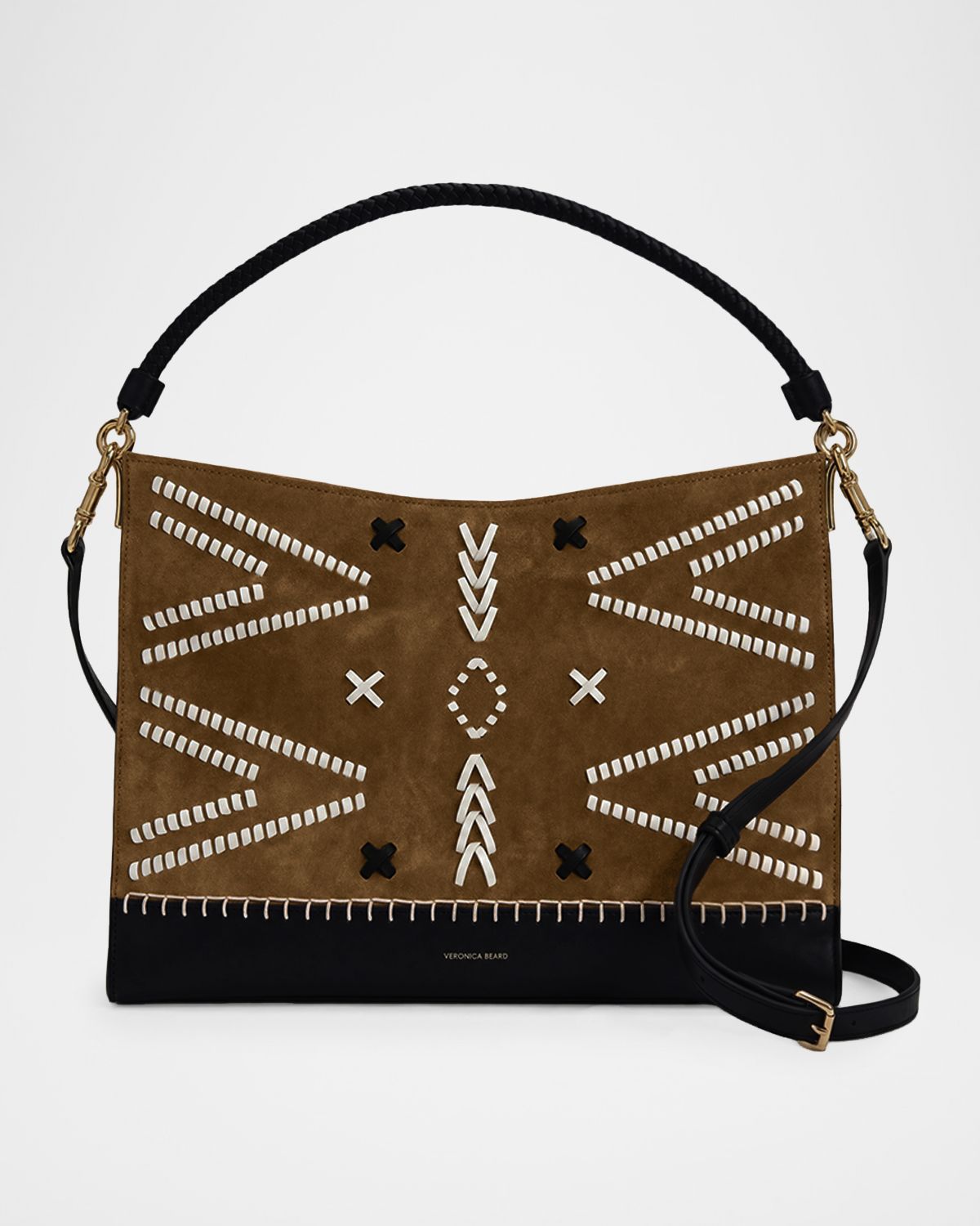 Veronica Beard Vida Suede Embroidered Whipstitch Top-Handle Bag