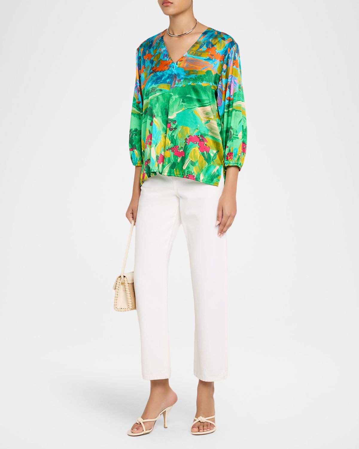 Johnny Was Arlo Painterly-Print Satin Blouse