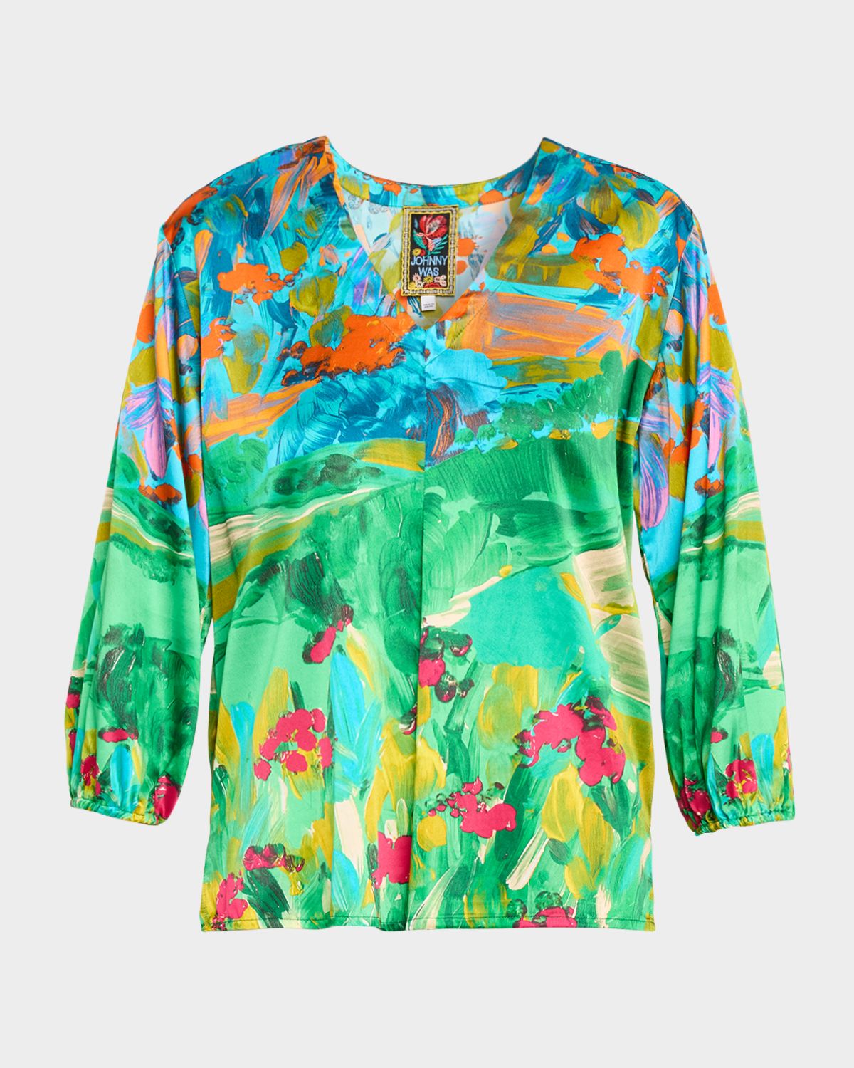 Johnny Was Arlo Painterly-Print Satin Blouse