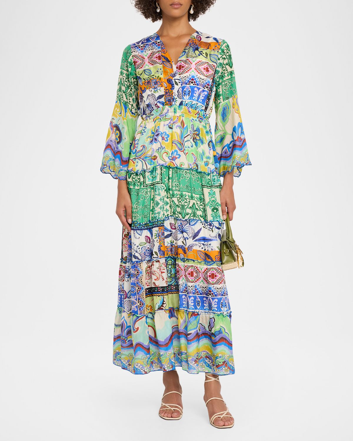 Johnny Was Tiered Patchwork-Print Silk Maxi Dress