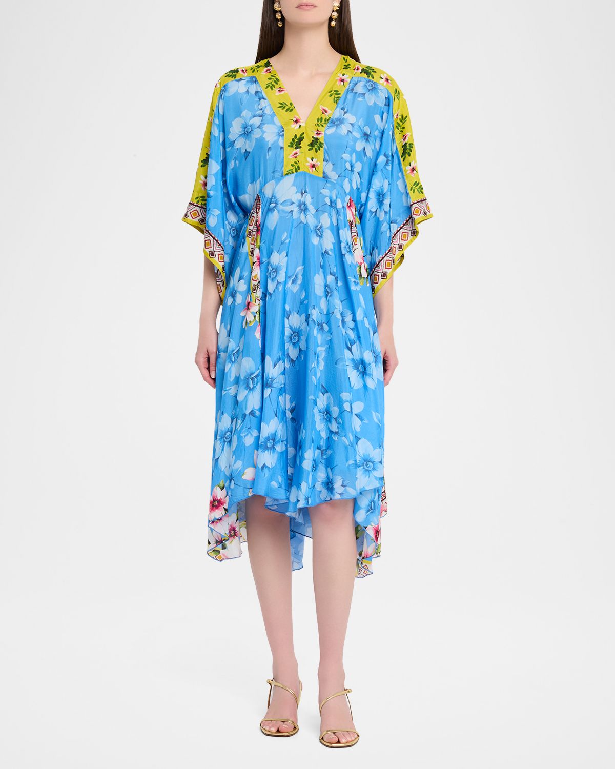 Johnny Was Floral-Print Silk Handkerchief Midi Dress