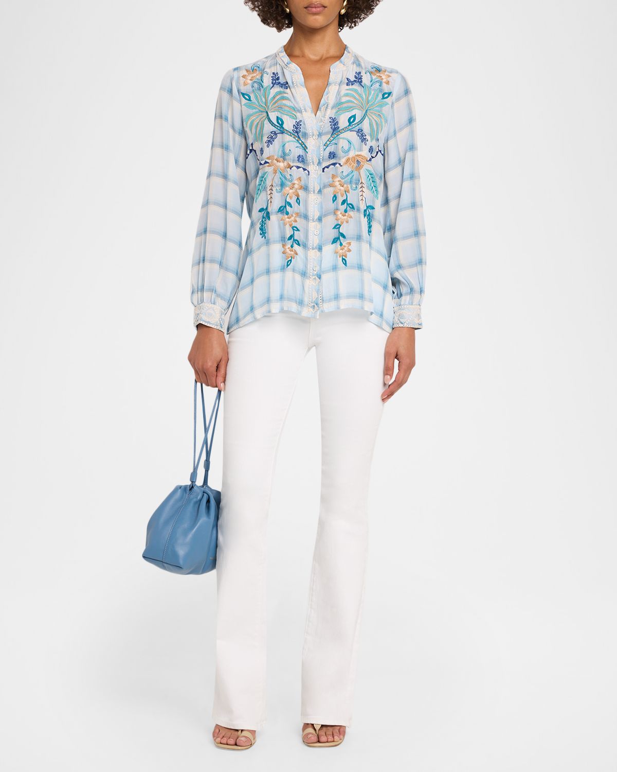 Johnny Was Embroidered Check Silk Relaxed Button-Down Shirt