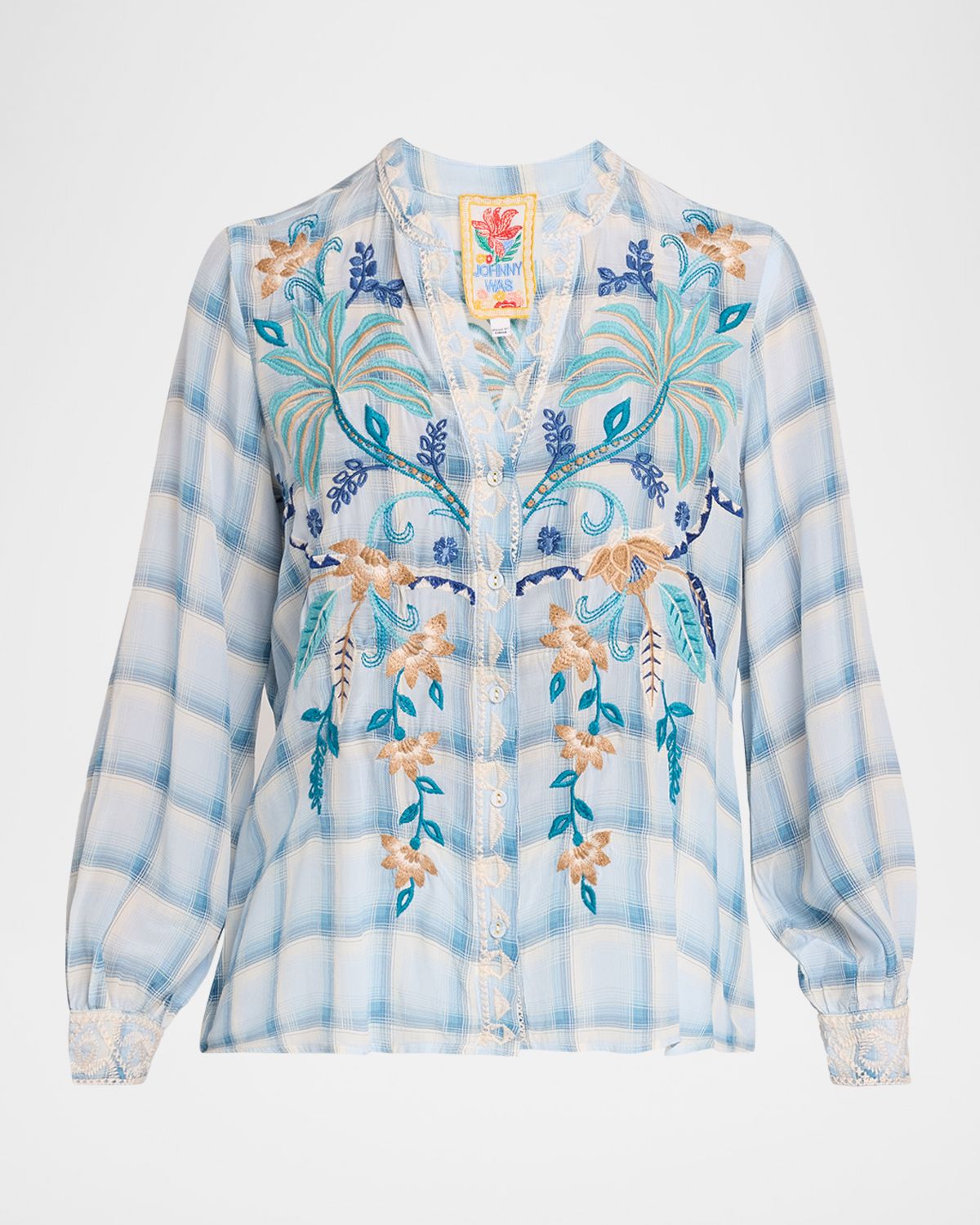 Johnny Was Embroidered Check Silk Relaxed Button-Down Shirt