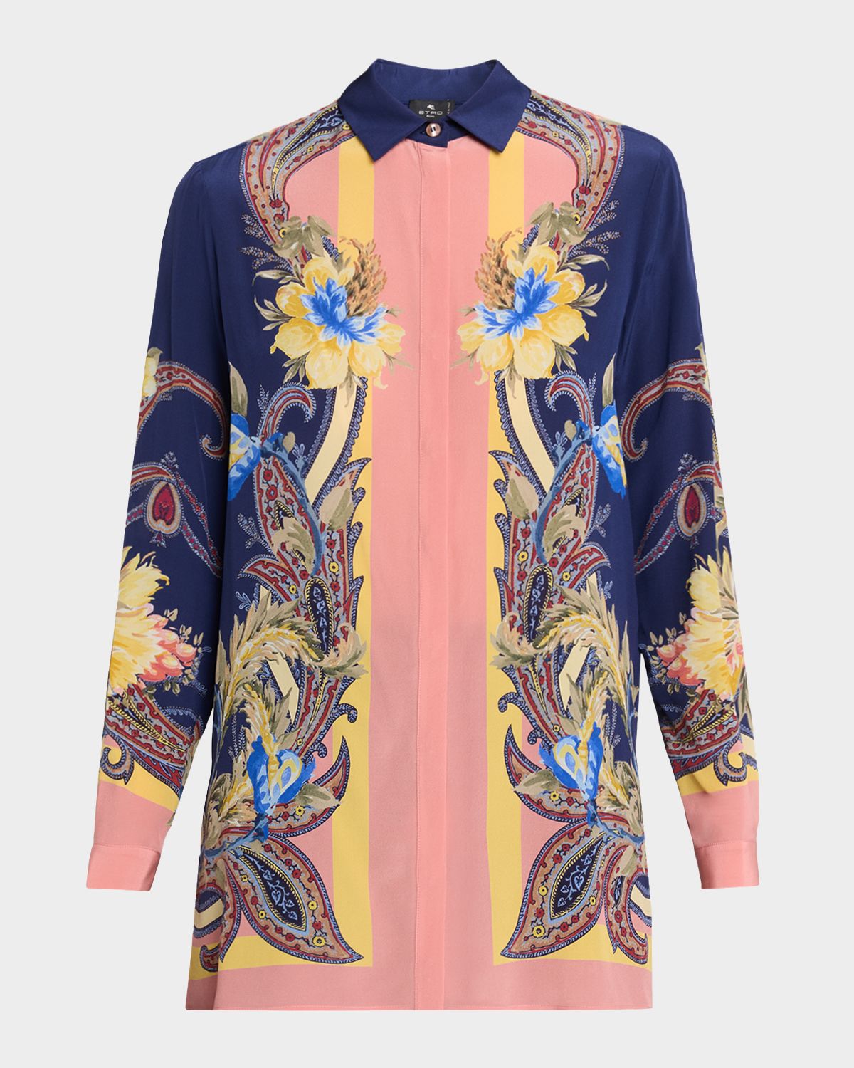Etro Paisley-Print Silk Button-Down Tunic Shirt
