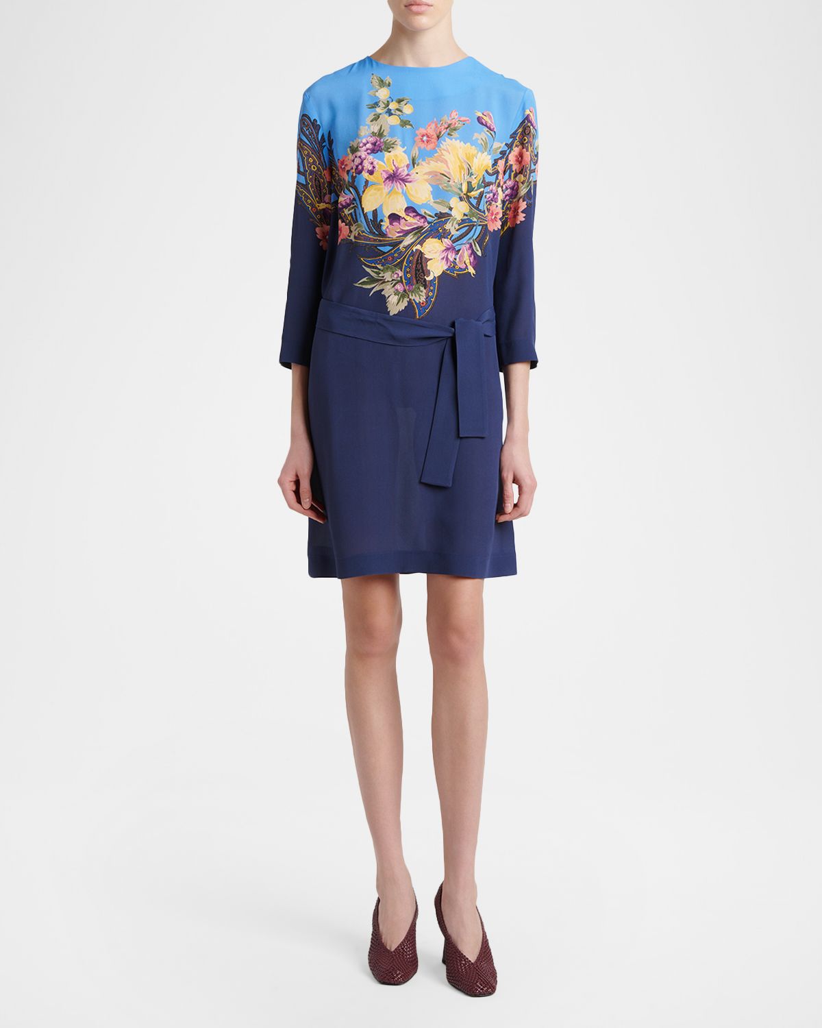 Etro Bi-Color Floral-Print 3/4-Sleeve Belted Dress | Thumbnail 5