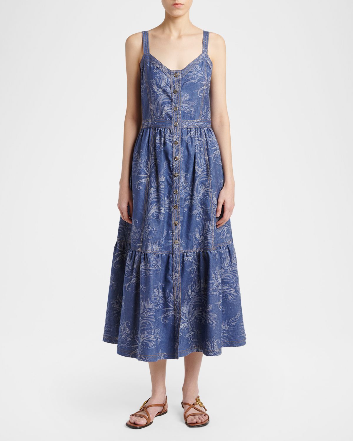 Etro Paisley Denim Jacquard Tiered Button-Front Midi Dress | Thumbnail 5
