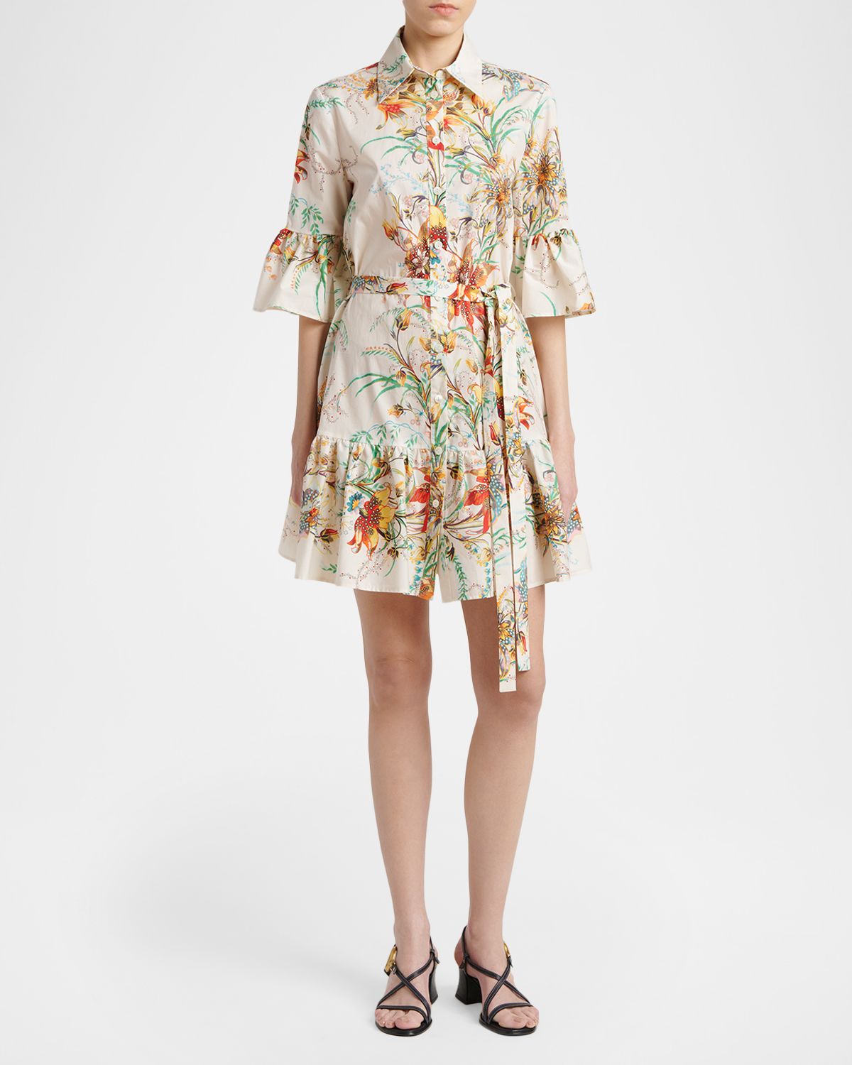 Etro Floral-Print Cotton Ruffle-Sleeve Mini Shirtdress | Thumbnail 5 Etro Floral-Print Cotton Ruffle-Sleeve Mini Shirtdress | Thumbnail 5