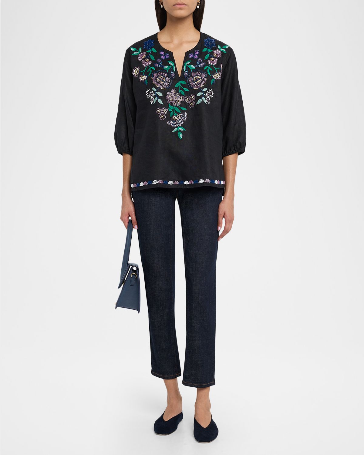 Johnny Was Beaded Floral Split-Neck Linen Blouse | Thumbnail 5