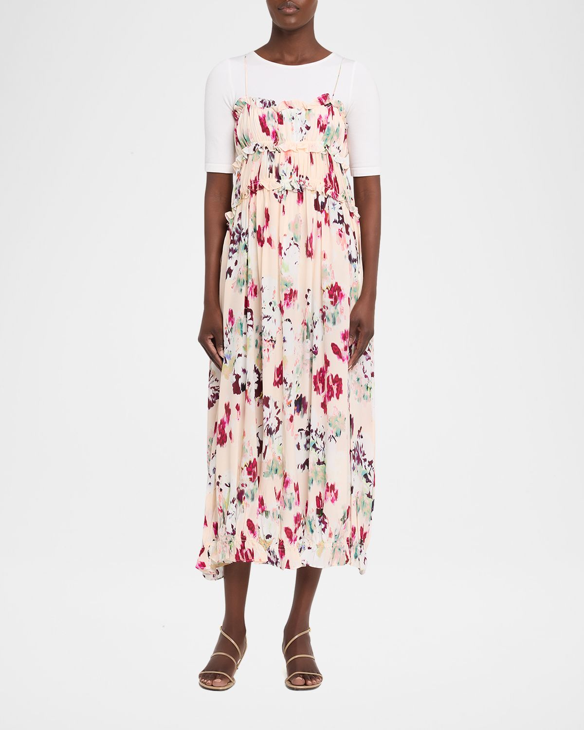 Ulla Johnson Clove Ruffled Floral Silk A-Line Midi Dress